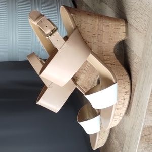 Franko Sarto nude and white chunky strap wedge heels